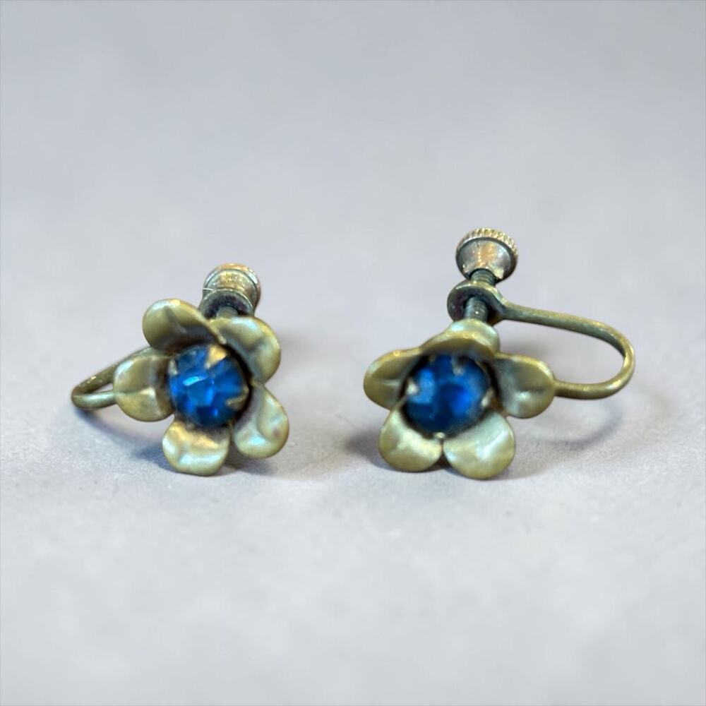 Victorian Blue Glass Flower Earrings Tiny Brass Daisy Screwbacks
